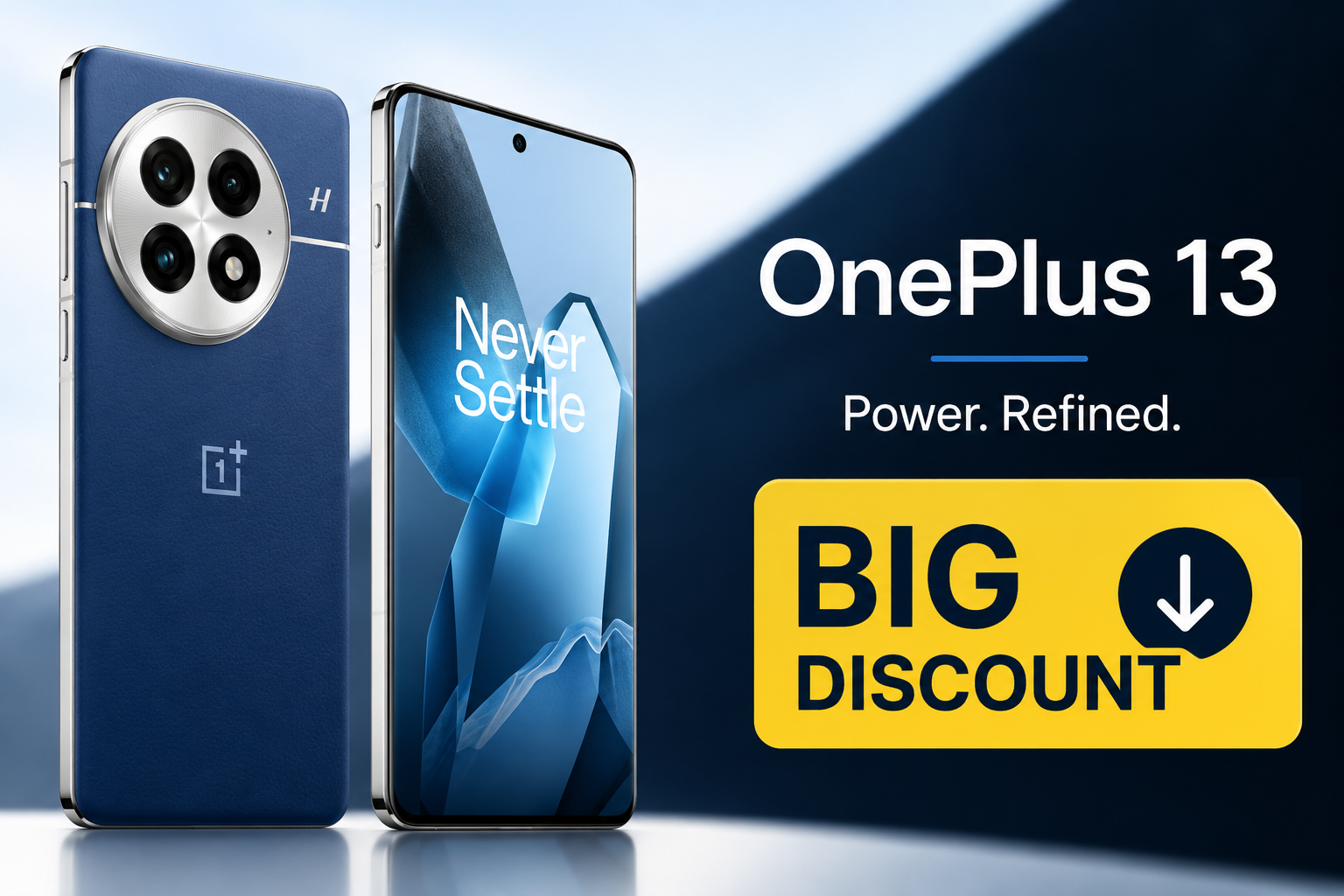 Blue OnePlus 13 smartphone with front and back design, big discount offer banner, and premium flagship branding on blue background.
