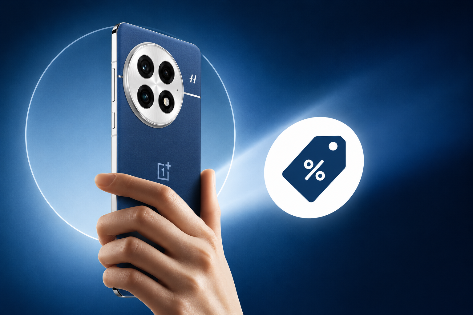 Blue OnePlus 13 smartphone in hand with premium camera design and discount offer icon on dark blue background.