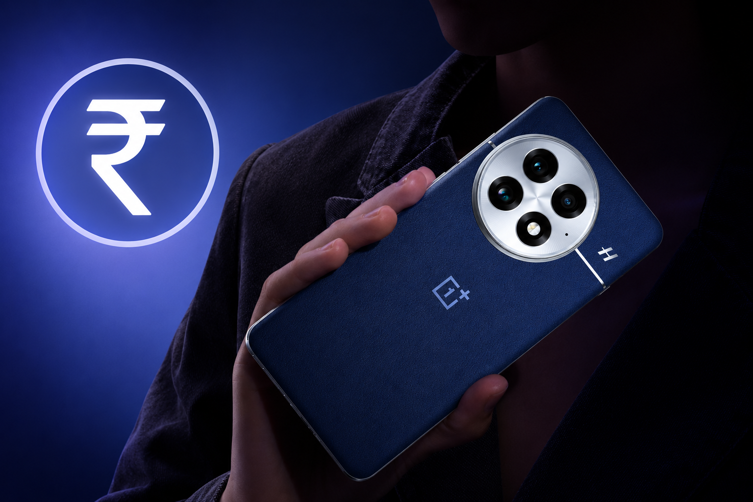 Person holding blue OnePlus 13 smartphone with premium camera module and glowing rupee icon on dark blue background.