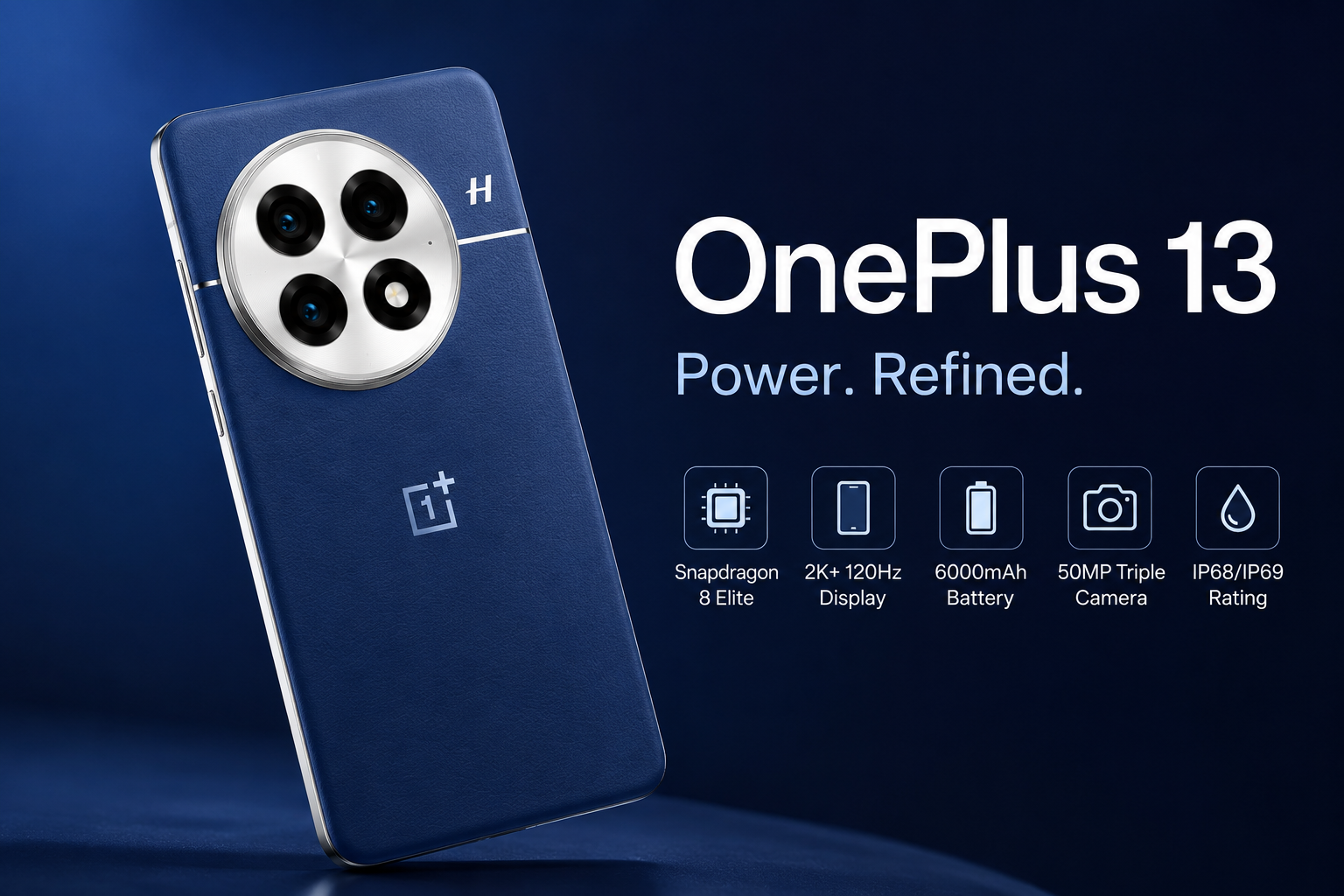 Blue OnePlus 13 smartphone with Snapdragon 8 Elite, 2K 120Hz display, 6000mAh battery, 50MP triple camera, and IP68/IP69 rating on dark blue background.