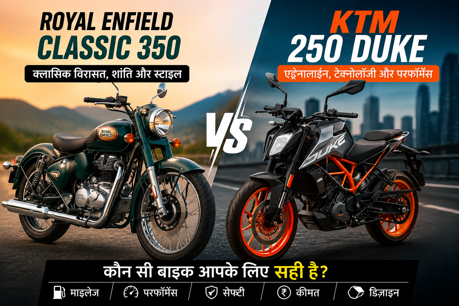 Royal Enfield Classic 350 vs KTM 250 Duke comparison thumbnail featuring retro cruiser bike and sporty naked street bike with bold VS design and performance comparison theme