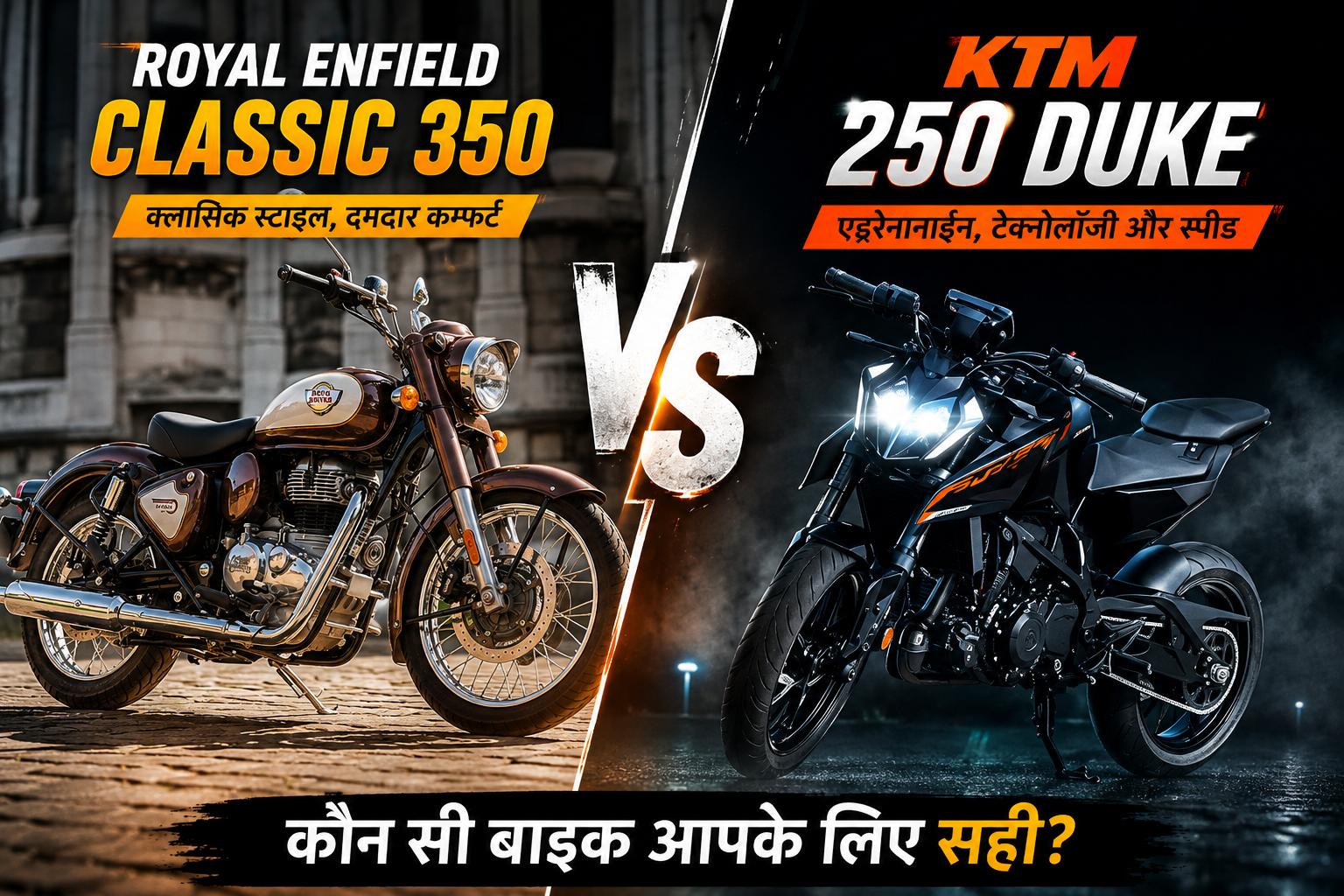 Royal Enfield Classic 350 vs KTM 250 Duke comparison poster featuring retro cruiser motorcycle and sporty stunt bike with dramatic VS theme and rider lifestyle concept