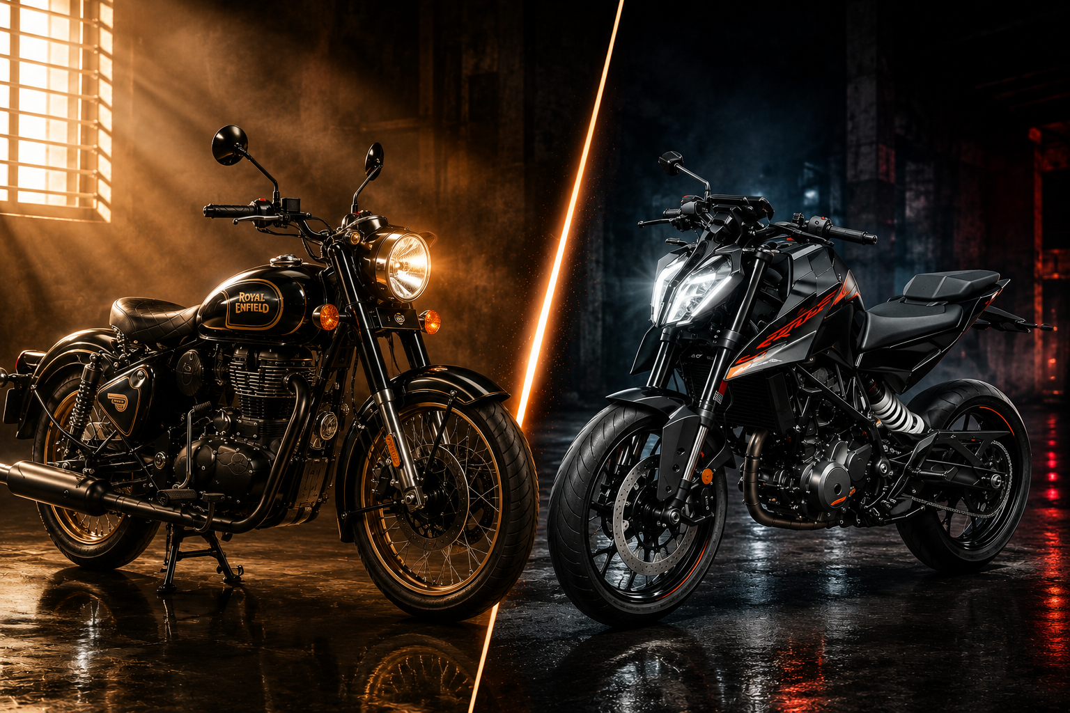 Royal Enfield Classic 350 and KTM 250 Duke side-by-side comparison poster for bike lovers and performance enthusiasts