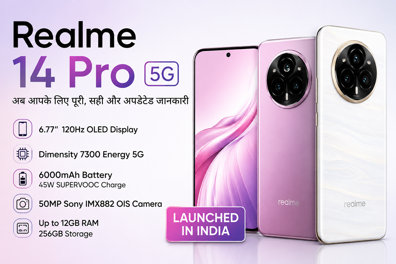 Realme 14 Pro 5G feature image showing pink and white color variants with curved OLED display, 50MP Sony OIS camera and 6000mAh battery highlights