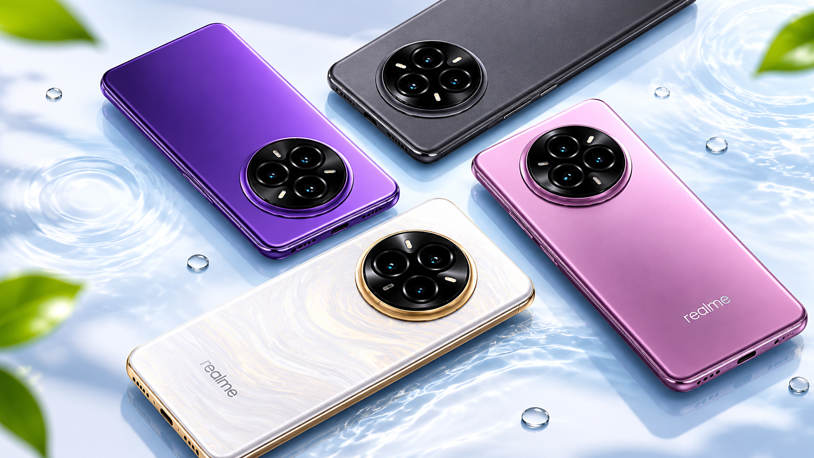Realme 14 Pro 5G smartphones in purple, black, pink and pearl white colors with premium circular camera module on a glossy water background