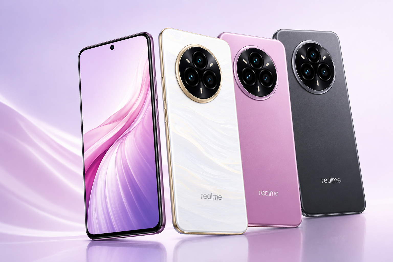 Realme 14 Pro 5G smartphones in white, pink and grey colors with curved display and circular camera design on a soft purple background