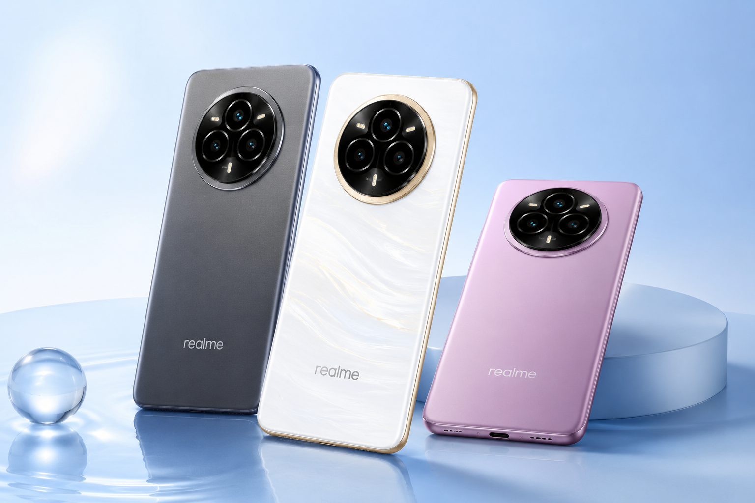 Realme 14 Pro 5G smartphones in grey, pearl white and pink colors with premium circular camera design on a soft blue studio background