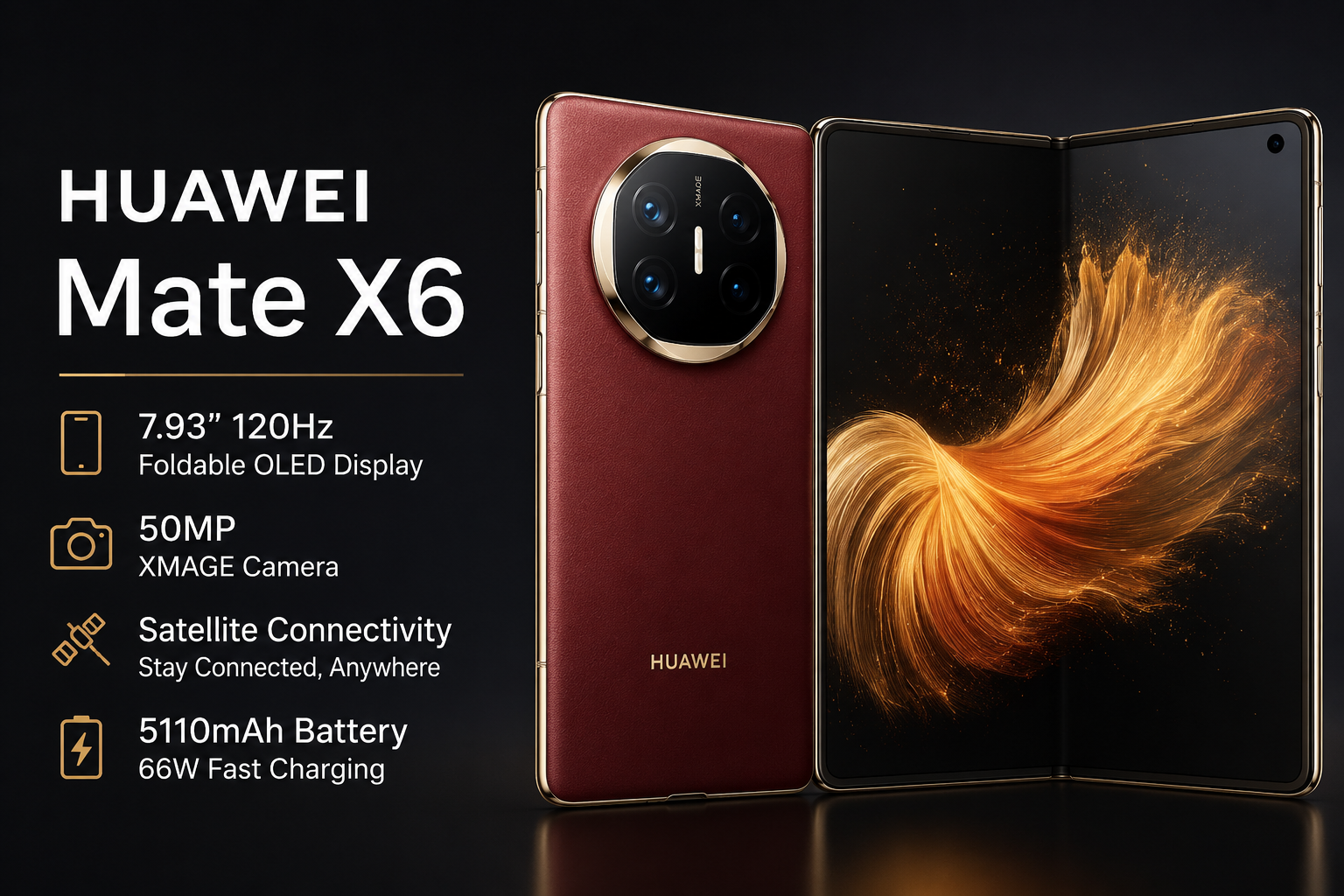 Huawei Mate X6 feature image showing a woman holding the foldable smartphone with 120Hz display, 50MP camera and satellite connectivity highlights.