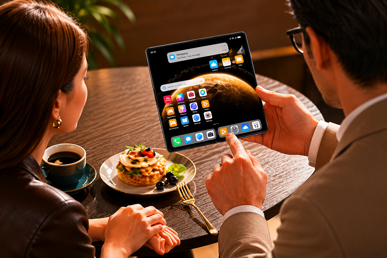 Couple using HUAWEI Mate X6 foldable smartphone in a cafe with large immersive display and multitasking screen experience.
