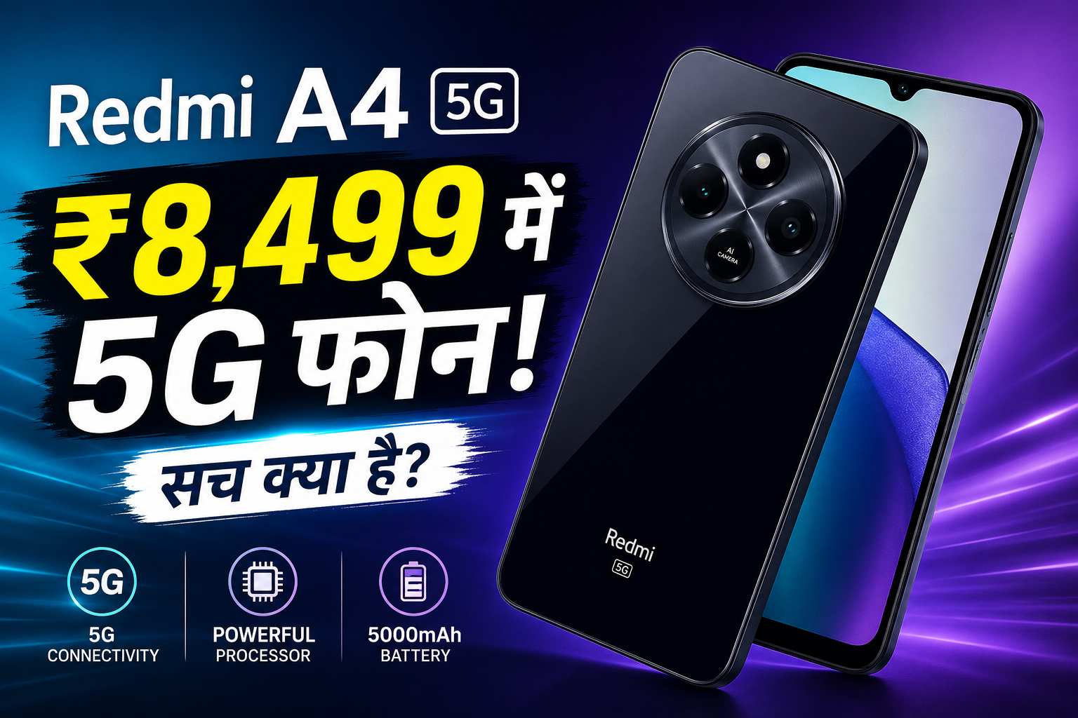 Redmi A4 5G design front and back view with display and camera 2026