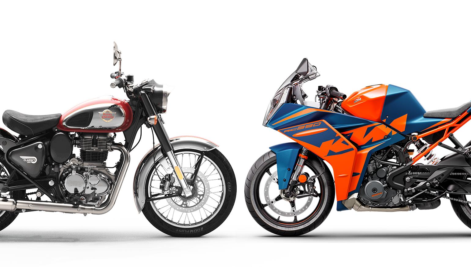Royal Enfield Classic 350 retro lifestyle bike compared with KTM 250 Duke sporty naked street bike