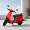 Red electric scooter parked in a clean modern outdoor space with minimalist architecture and bright natural lighting.