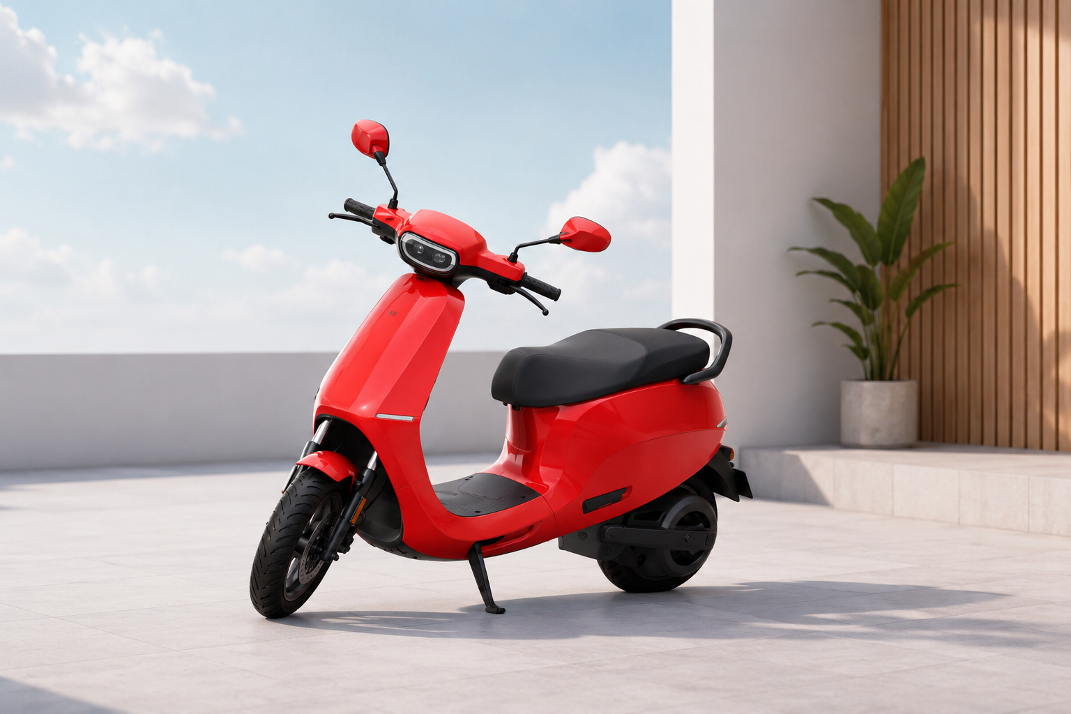 Red electric scooter parked in a clean modern outdoor space with minimalist architecture and bright natural lighting.