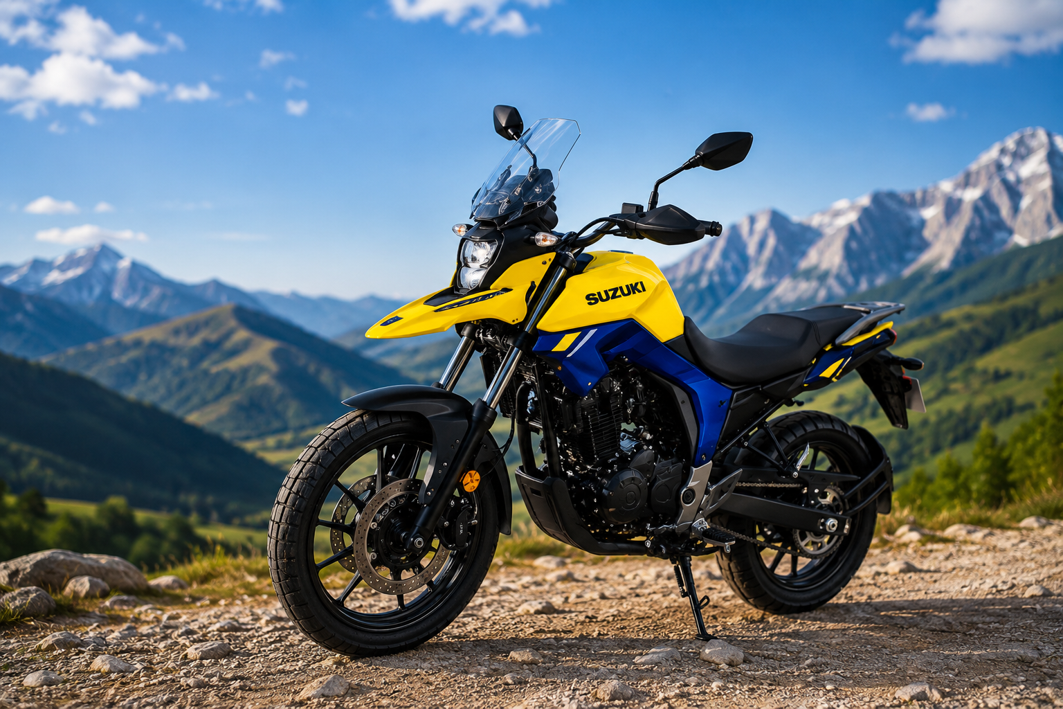 Suzuki V-Strom 160 adventure motorcycle parked on a mountain trail with scenic landscape background, showcasing yellow and blue dual-sport design, touring windscreen, and rugged adventure styling.