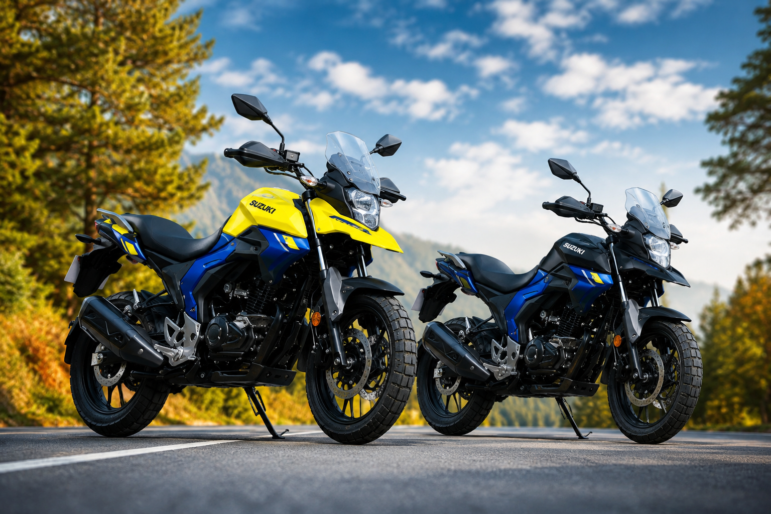 Two Suzuki V-Strom 160 adventure motorcycles parked on a scenic forest road, showcasing different color options with rugged touring design and adventure-ready styling.