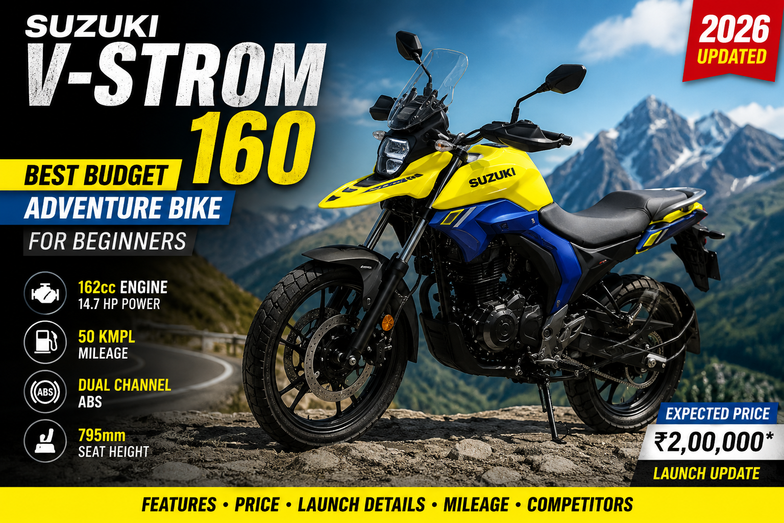 Suzuki V-Strom 160 adventure motorcycle featured in a promotional banner highlighting 162cc engine, 50 kmpl mileage, dual-channel ABS, 795mm seat height, expected price and 2026 launch update.