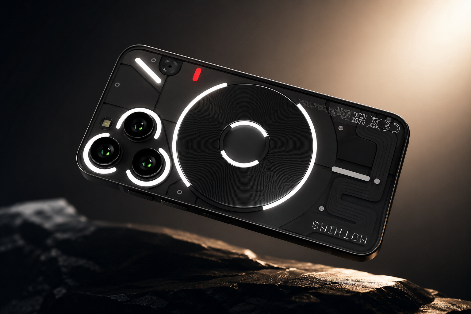 Nothing Phone 3 black edition feature image with glowing Glyph lighting, transparent futuristic rear design, triple camera setup, and premium dark cinematic background.