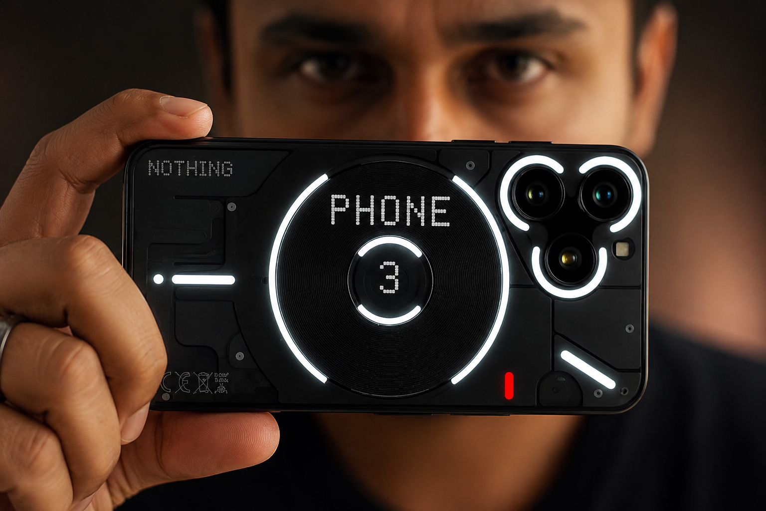 Close-up feature image of Nothing Phone 3 black edition with glowing Glyph lights, transparent futuristic rear design, triple camera setup, and cinematic portrait background.