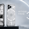 Nothing Phone 3 smartphone feature image with transparent white design, glowing Glyph lights, dual front and back view, and futuristic premium look on a clean minimal background.