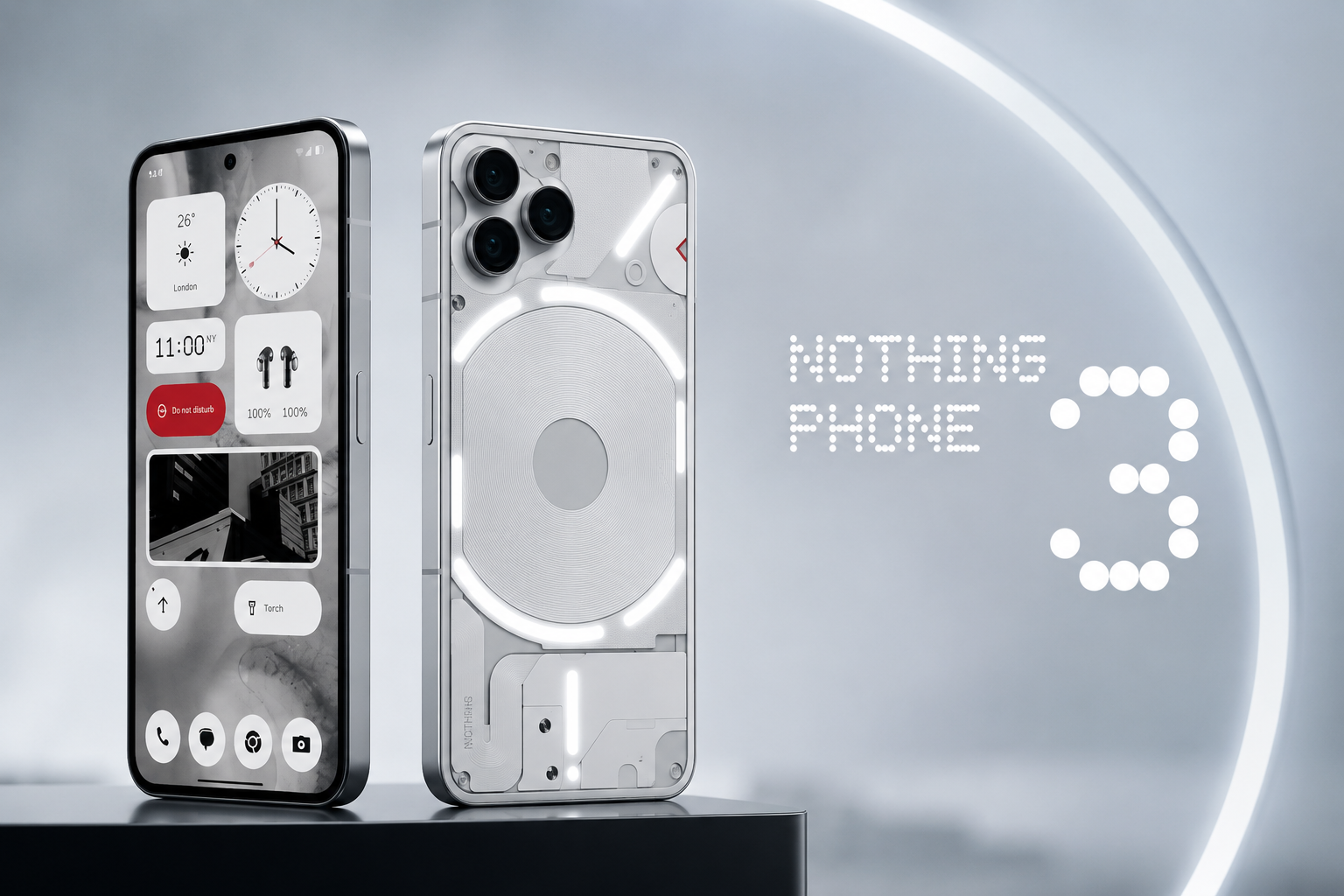 Nothing Phone 3 smartphone feature image with transparent white design, glowing Glyph lights, dual front and back view, and futuristic premium look on a clean minimal background.