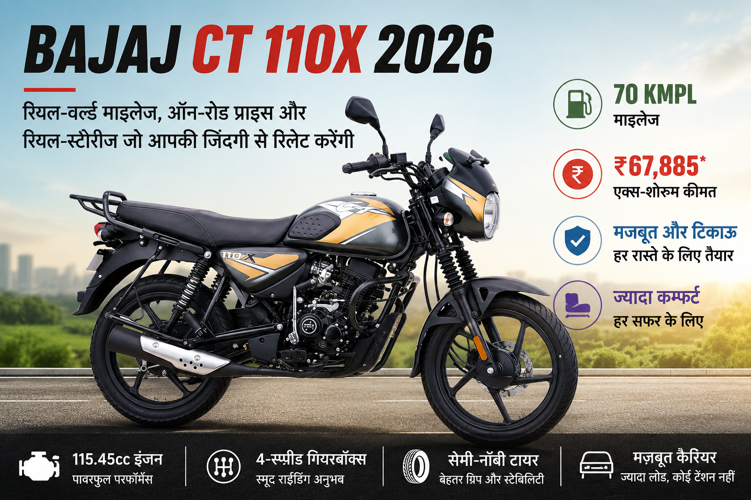 Bajaj CT 110X 2026 commuter bike feature image with rugged black and gold design, 70 kmpl mileage, price details and durable daily commuting highlights