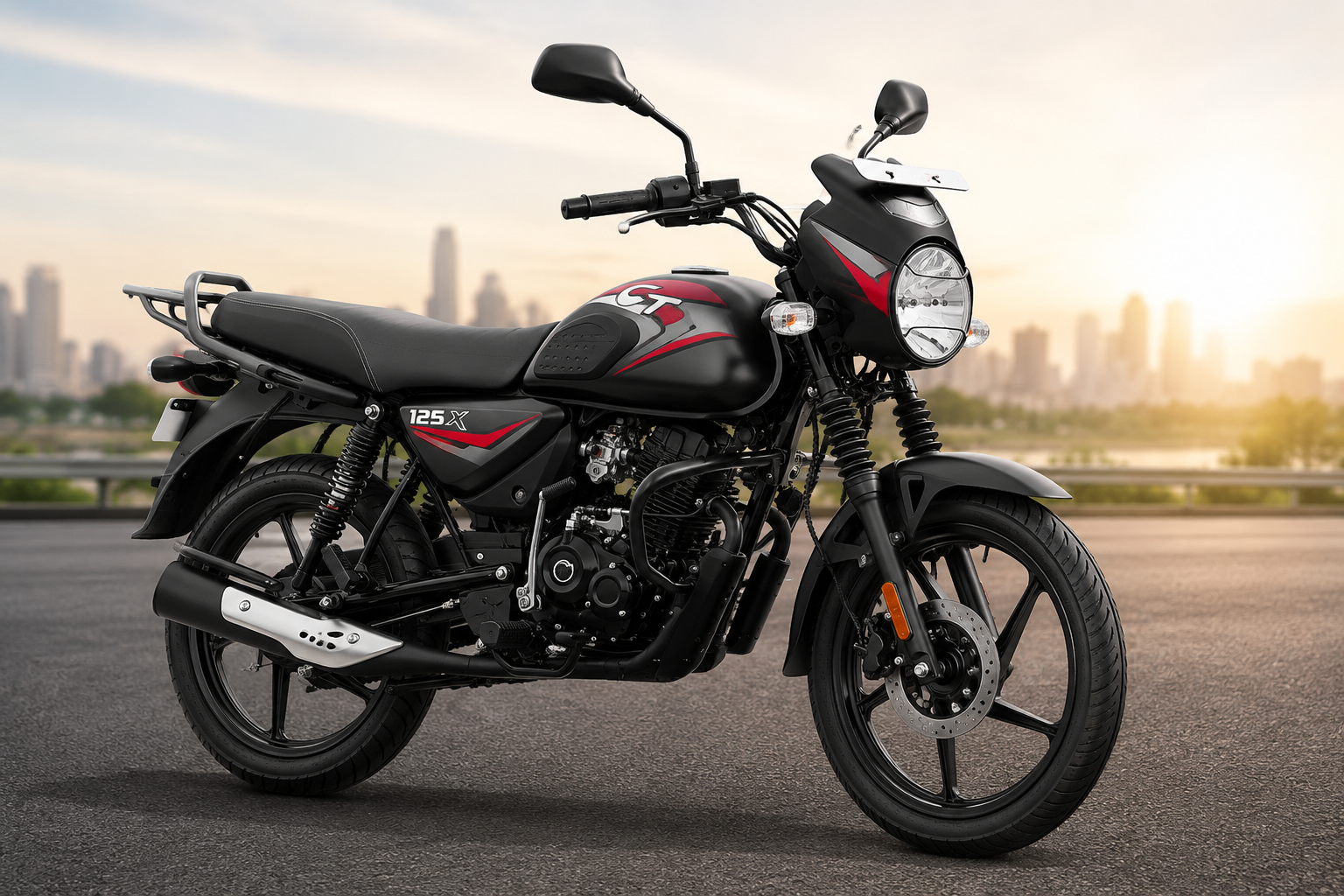 Bajaj CT 125X black commuter motorcycle parked on city road with modern skyline background and premium rugged street-bike styling