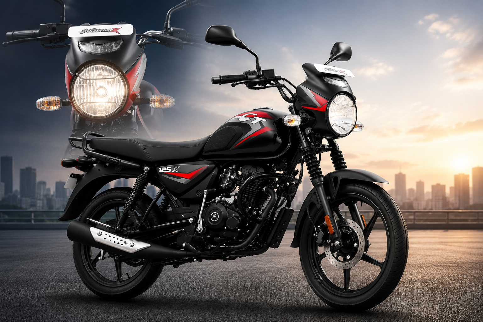 Bajaj CT 125X black and red commuter motorcycle feature image with dual-angle view, round headlamp design and urban sunset background