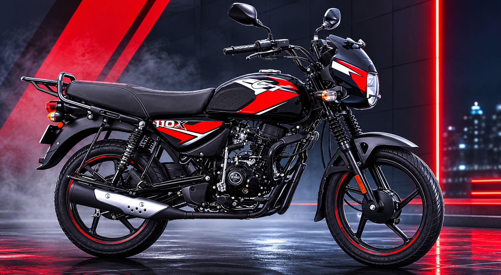 Bajaj CT 110X black and red commuter motorcycle with sporty graphics in a futuristic neon-lit studio background