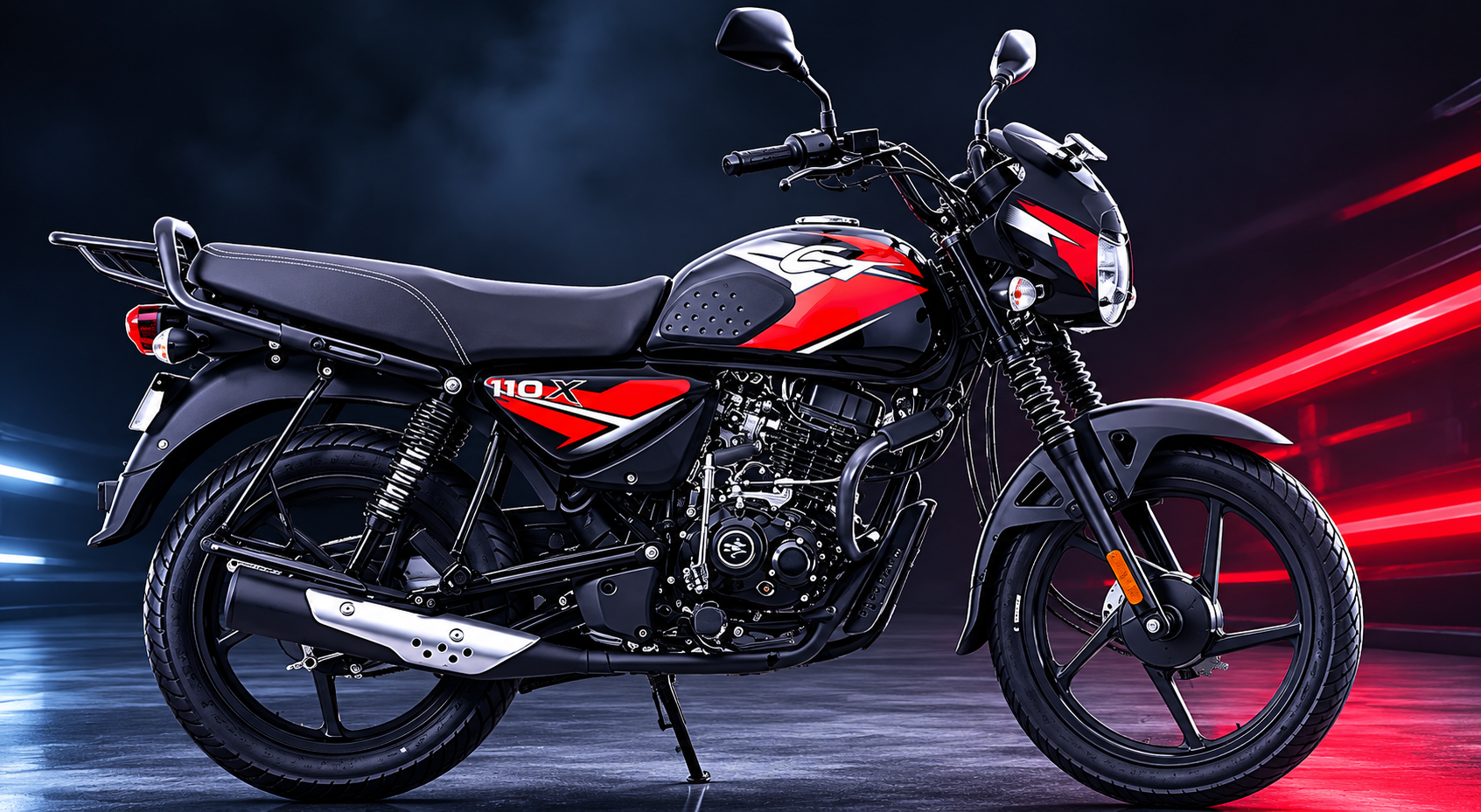 Bajaj CT 110X side profile feature image with black red body design and premium dark studio lighting background