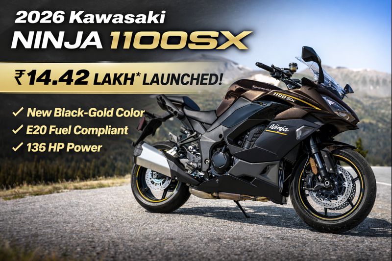 2026 Kawasaki Ninja 1100SX sports touring bike in black and gold color launched in India at Rs 14.42 lakh with E20 engine