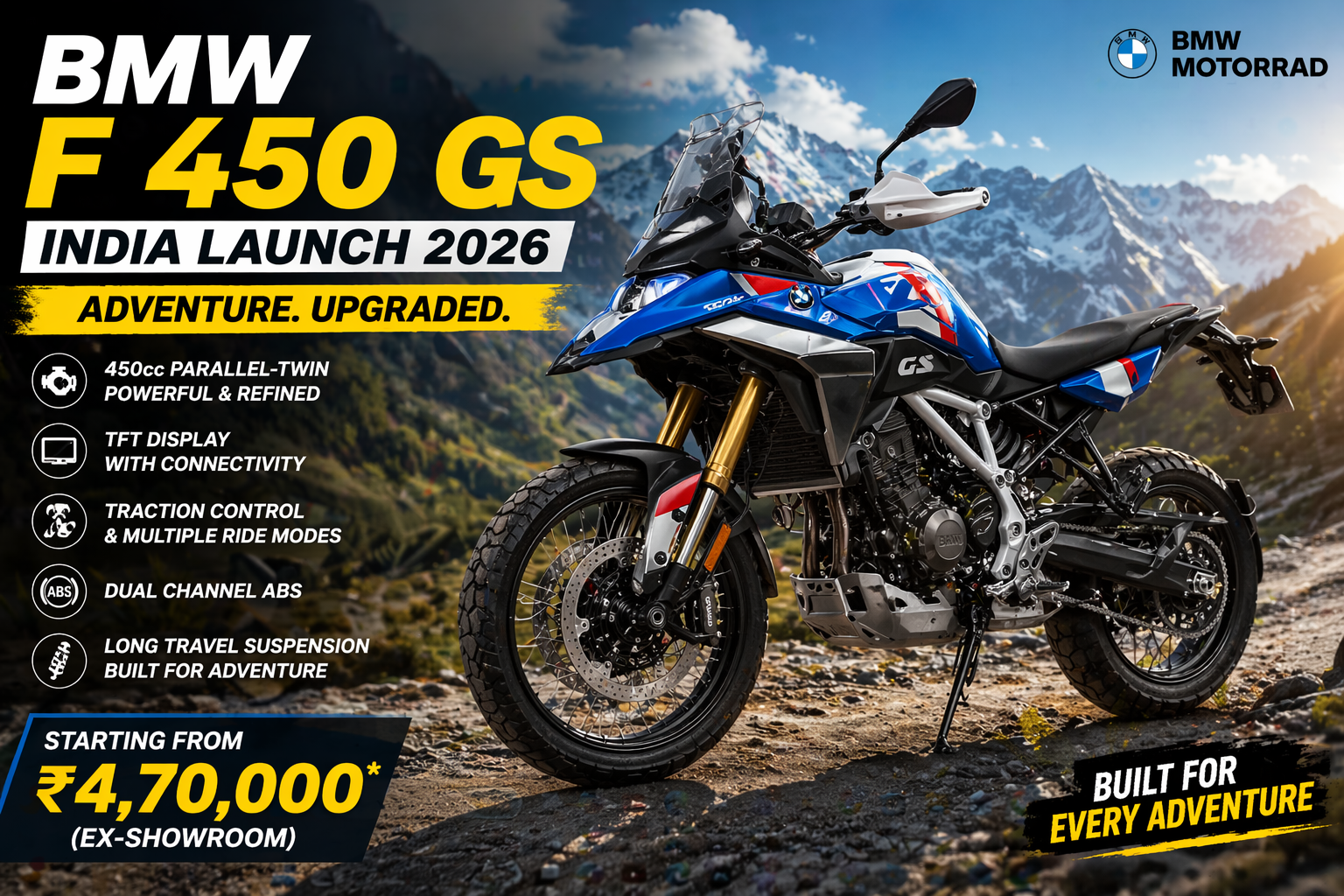 BMW F 450 GS India Launch 2026 adventure bike with 450cc engine price ₹4.70 lakh features design