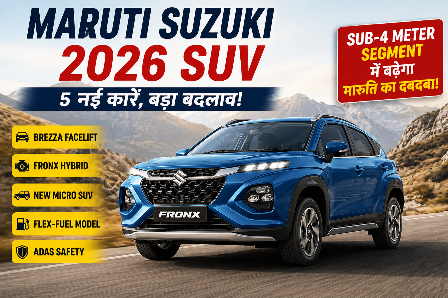 Maruti Suzuki Fronx 2026 SUV feature image blue car front view with city background sub 4 meter SUV India