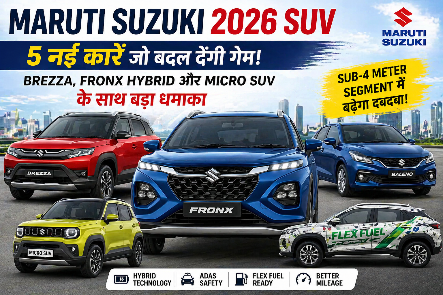 Maruti Suzuki Fronx 2026 blue SUV front view with mountain background sub 4 meter SUV India new model