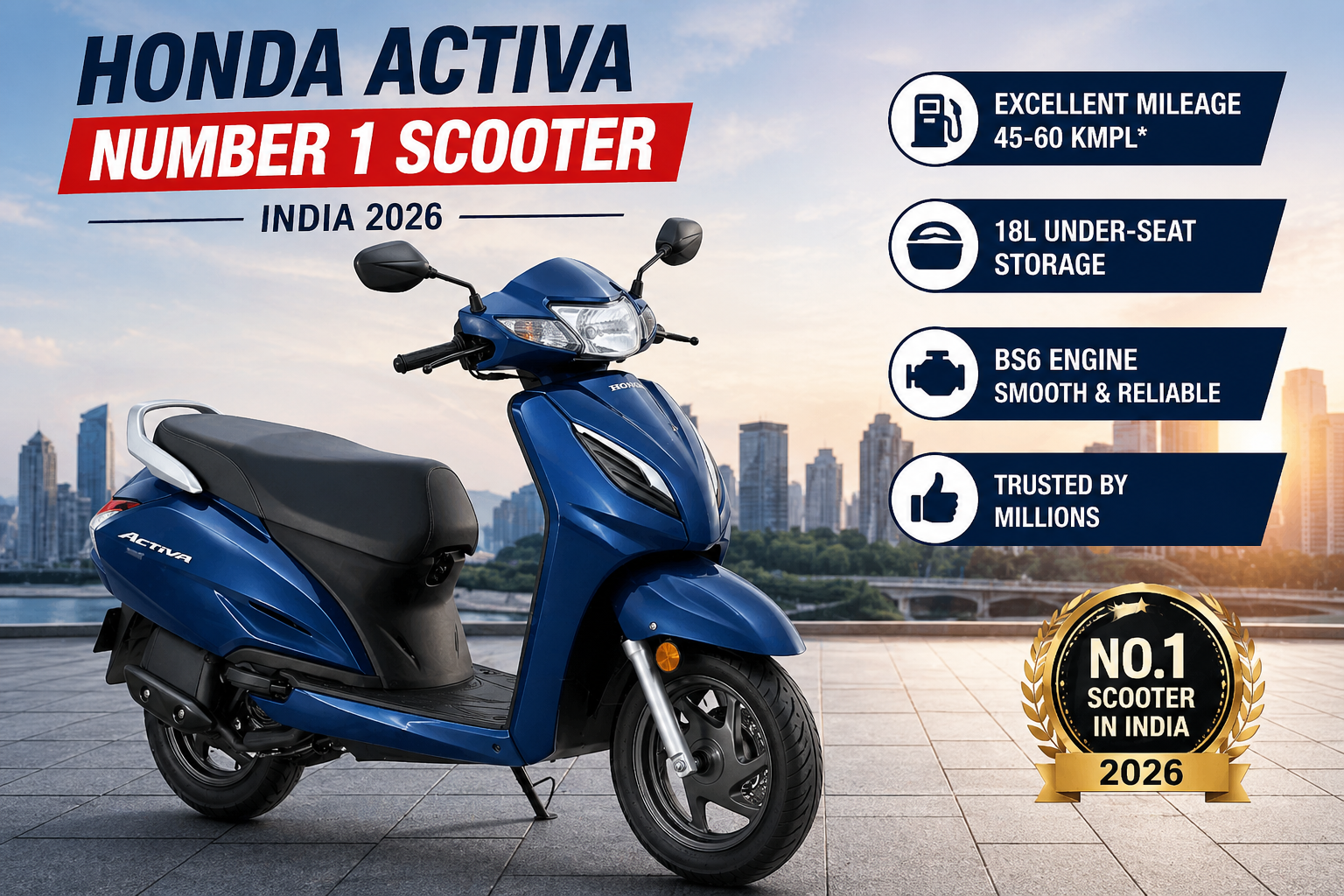 Honda Activa 2026 blue color scooter side view with clean background