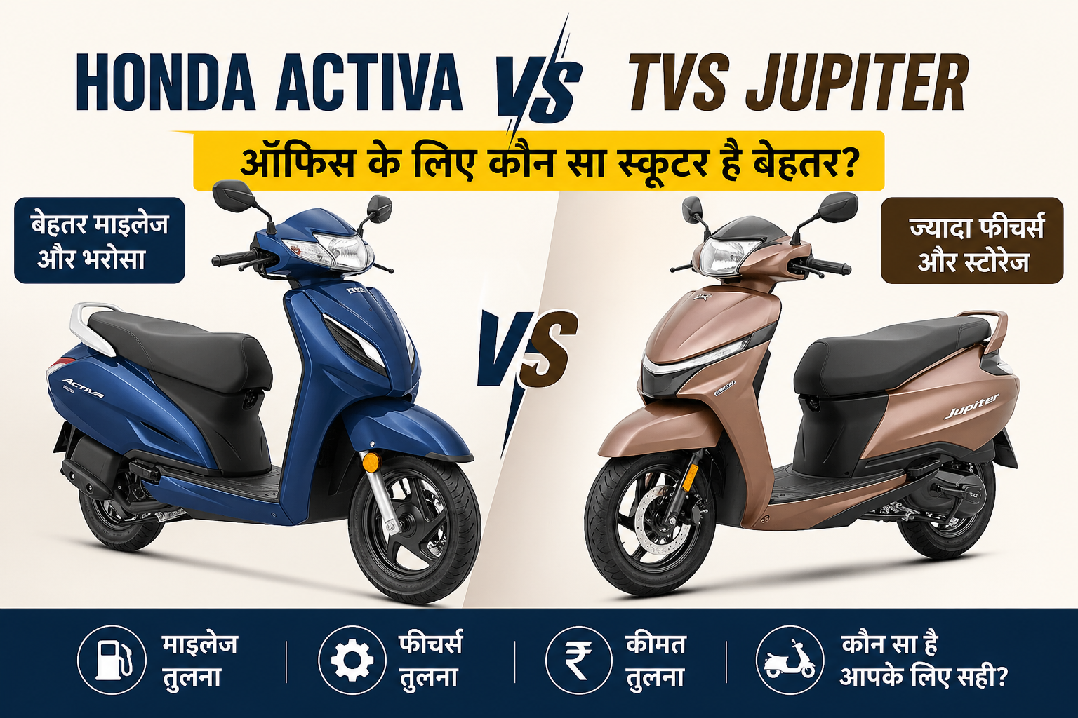 Honda Activa vs TVS Jupiter side by side comparison image best scooter option for office