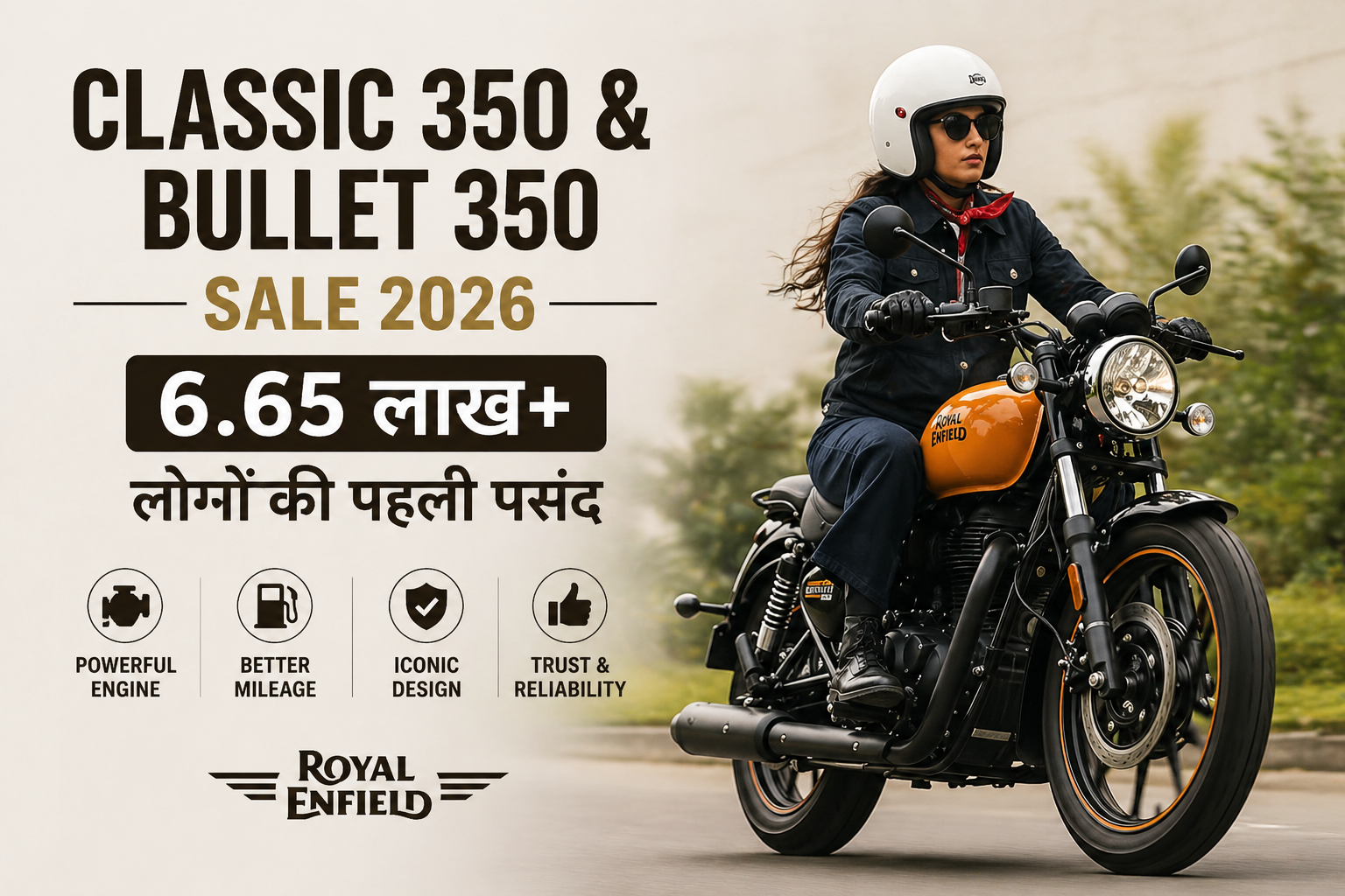 Royal Enfield Classic 350 orange color bike riding on road with rider wearing helmet India