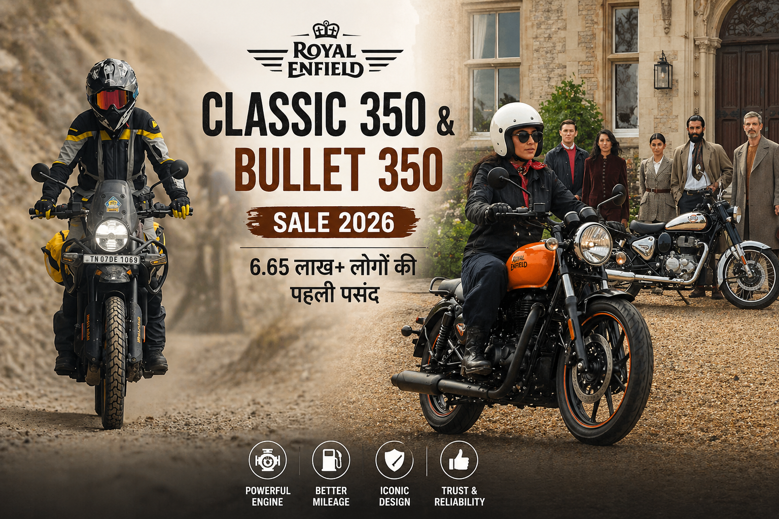 Royal Enfield Classic 350 vintage style bike with group of people luxury background lifestyle shot