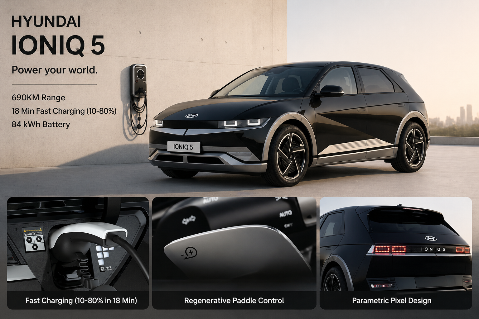 Hyundai IONIQ 5 2026 electric SUV side view with home charging setup and modern design