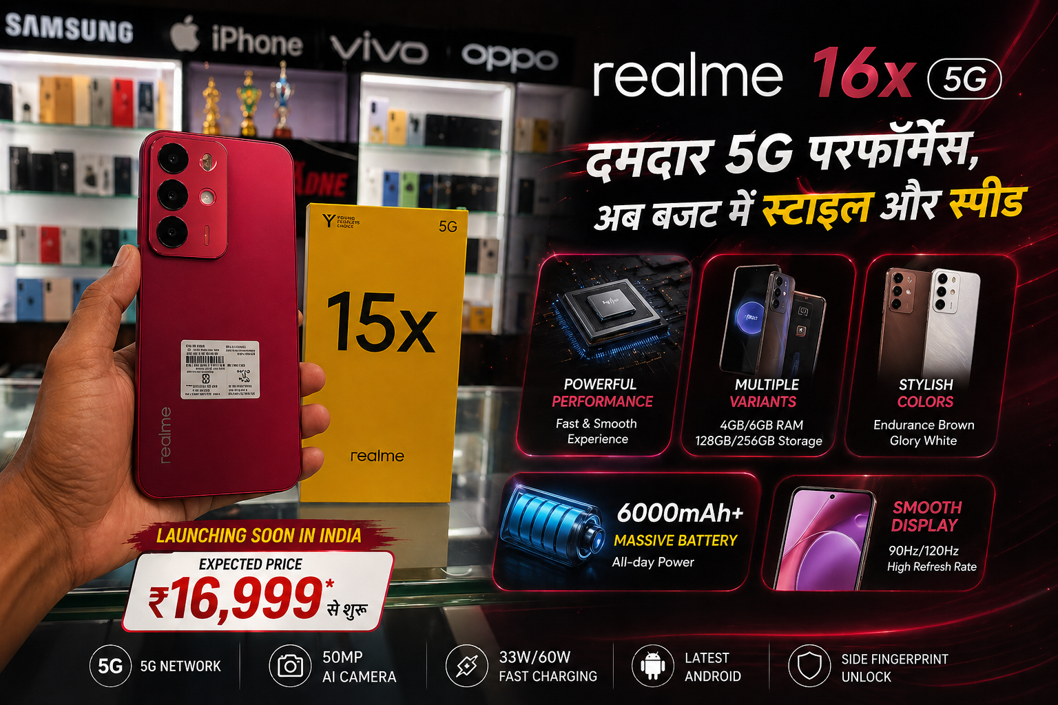 Realme 16x 5G smartphone with 50MP camera, 6000mAh battery, Dimensity processor and 128GB storage