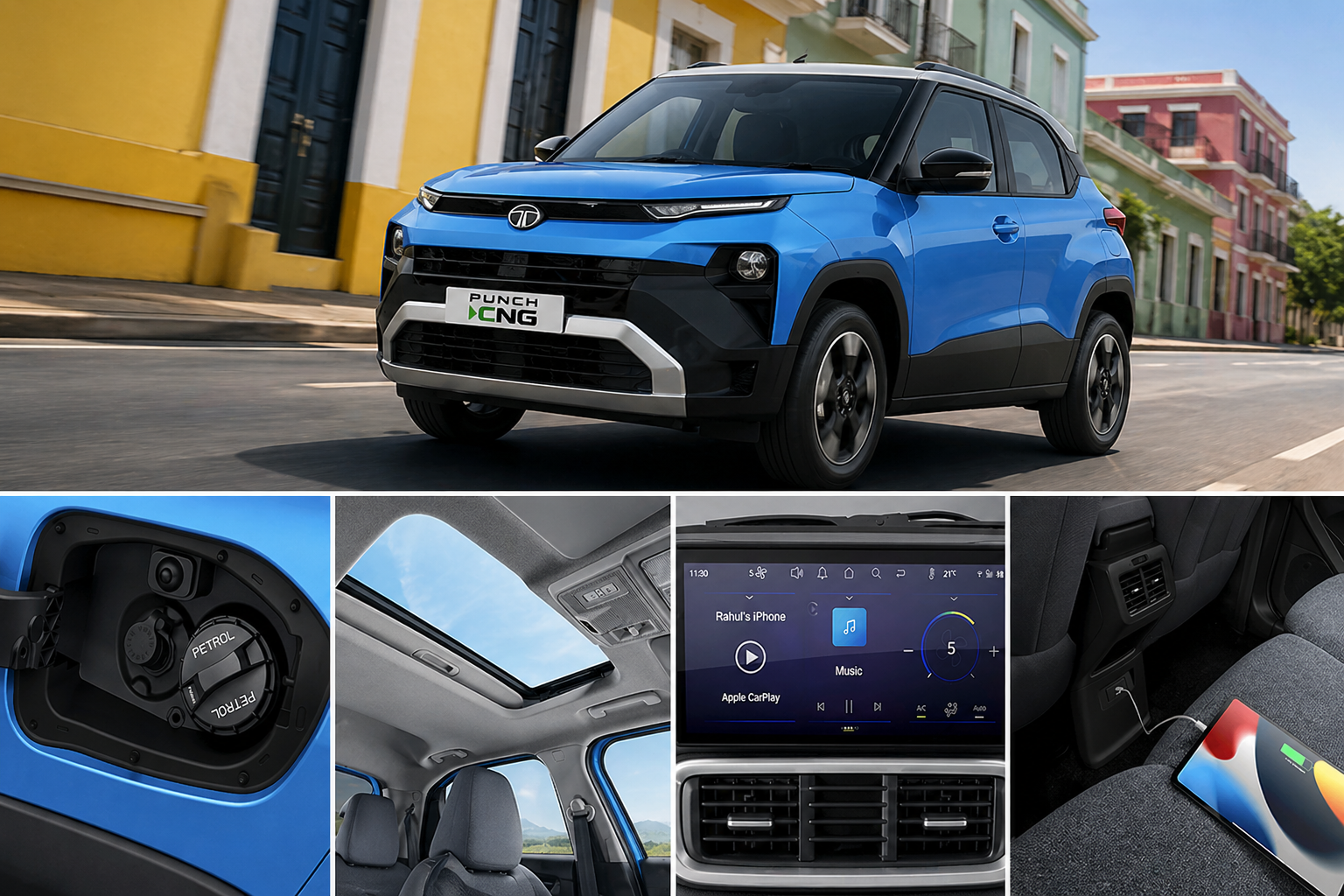 Alt Text: Tata Punch CNG dual fuel petrol and CNG tank feature close view