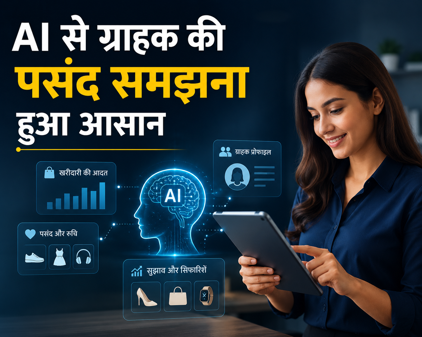 AI technology helping businesses understand customer preferences through data analytics and personalized shopping insights on digital dashboard illustration