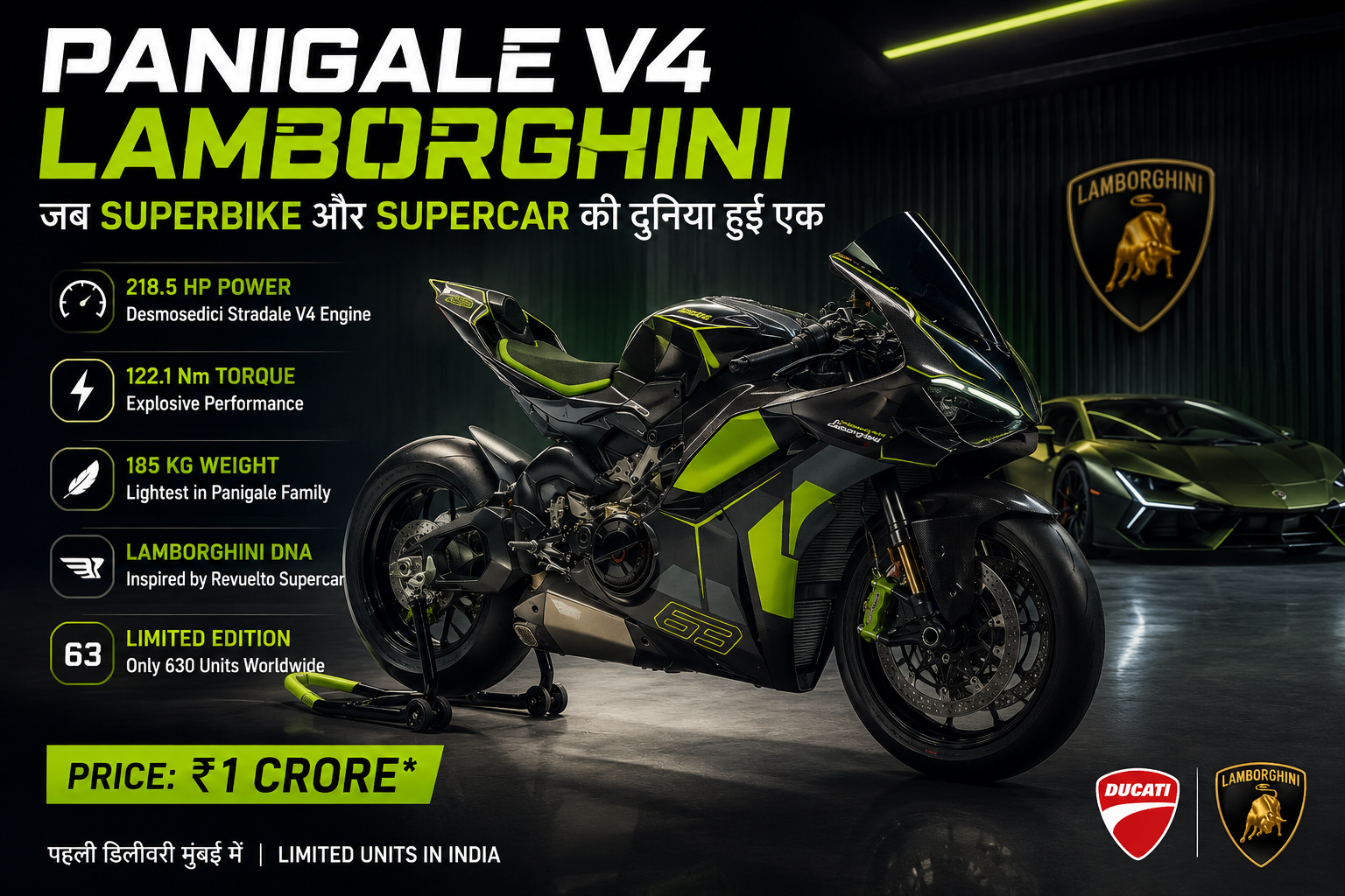 Panigale V4 Lamborghini और Lamborghini सुपरकार का सिनेमैटिक शॉट, डार्क गैरेज बैकग्राउंड में हाई-परफॉर्मेंस लग्जरी मशीनें