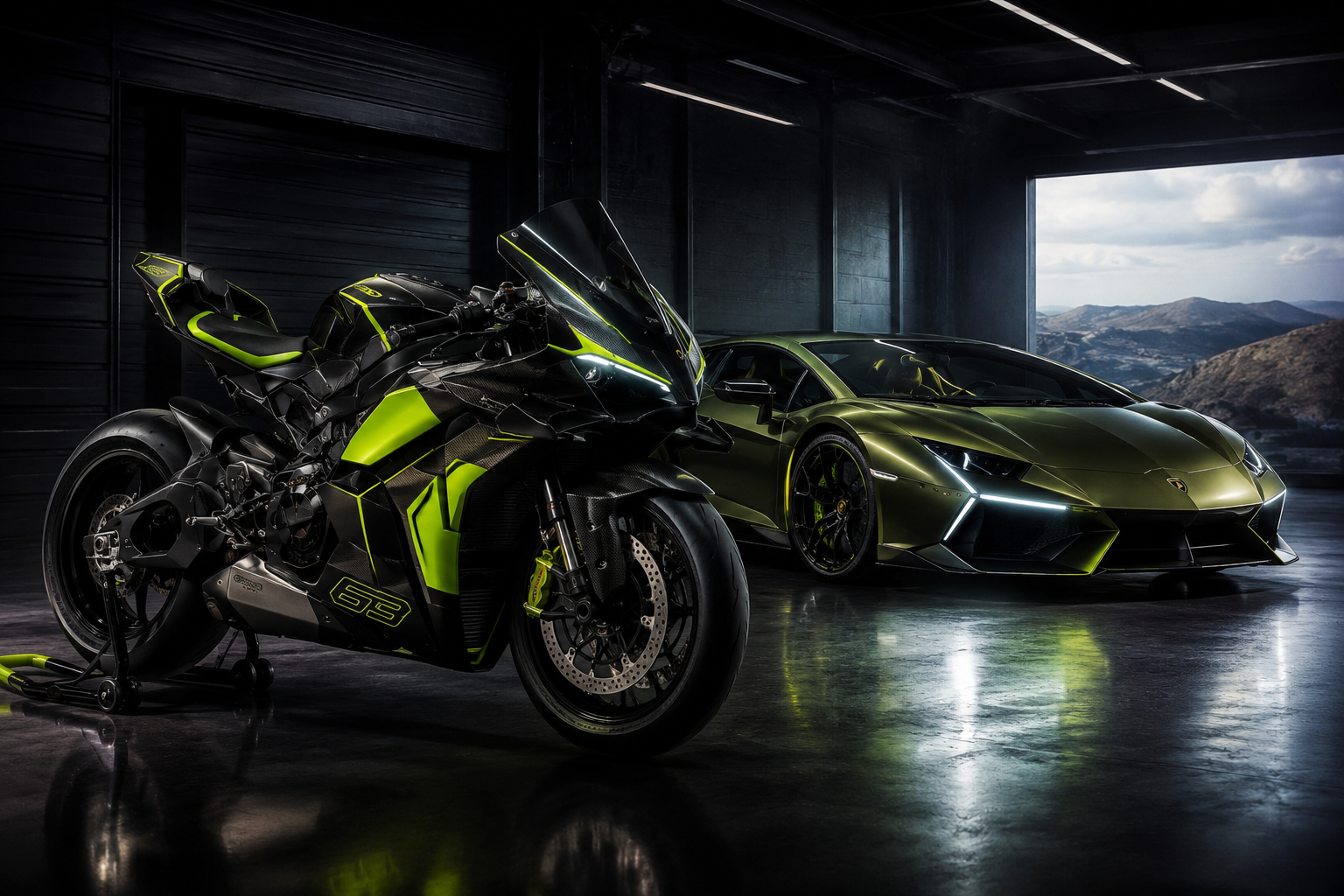 Ducati Panigale V4 Lamborghini सुपरबाइक का साइड व्यू, ब्लैक और नियॉन ग्रीन कलर थीम के साथ प्रीमियम स्टूडियो सेटअप में
