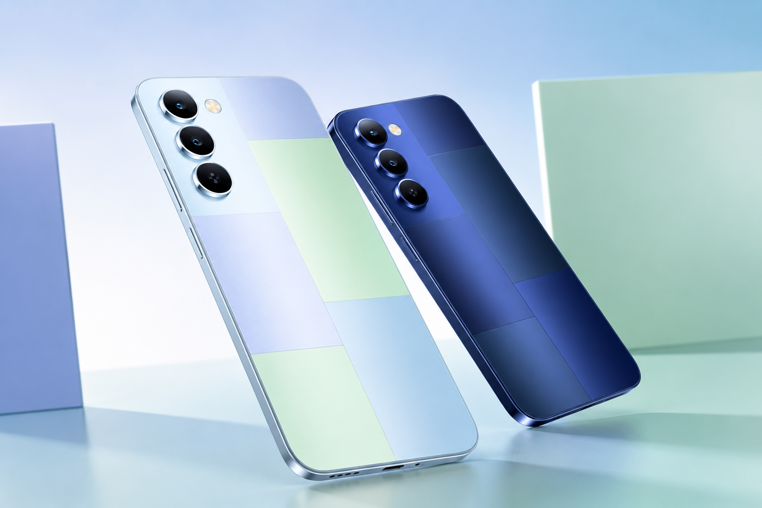 Realme P4 Lite 5G smartphone in blue and silver color with premium dual-tone design and triple rear camera setup