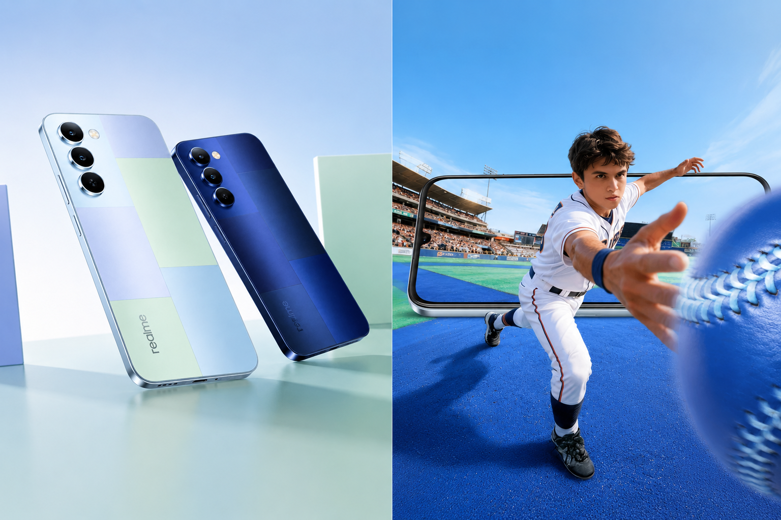 Realme P4 Lite 5G smartphone in blue and silver color with premium dual-tone design and triple rear camera setup