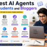 Best AI agents for students and bloggers 2026 featuring ChatGPT, Notion AI, Grammarly, Canva AI, and Writesonic with a student using laptop for learning, content creation, and productivity tasks