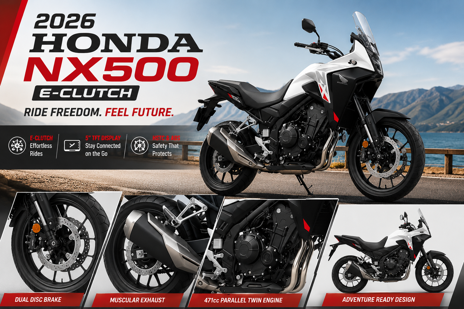 2026 Honda NX500 का मस्कुलर एग्जॉस्ट और रियर व्हील डिजाइन