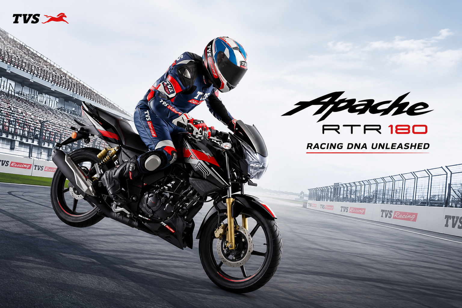 TVS Apache RTR 180 का अग्रेसिव फ्रंट लुक और रेसिंग डिजाइन