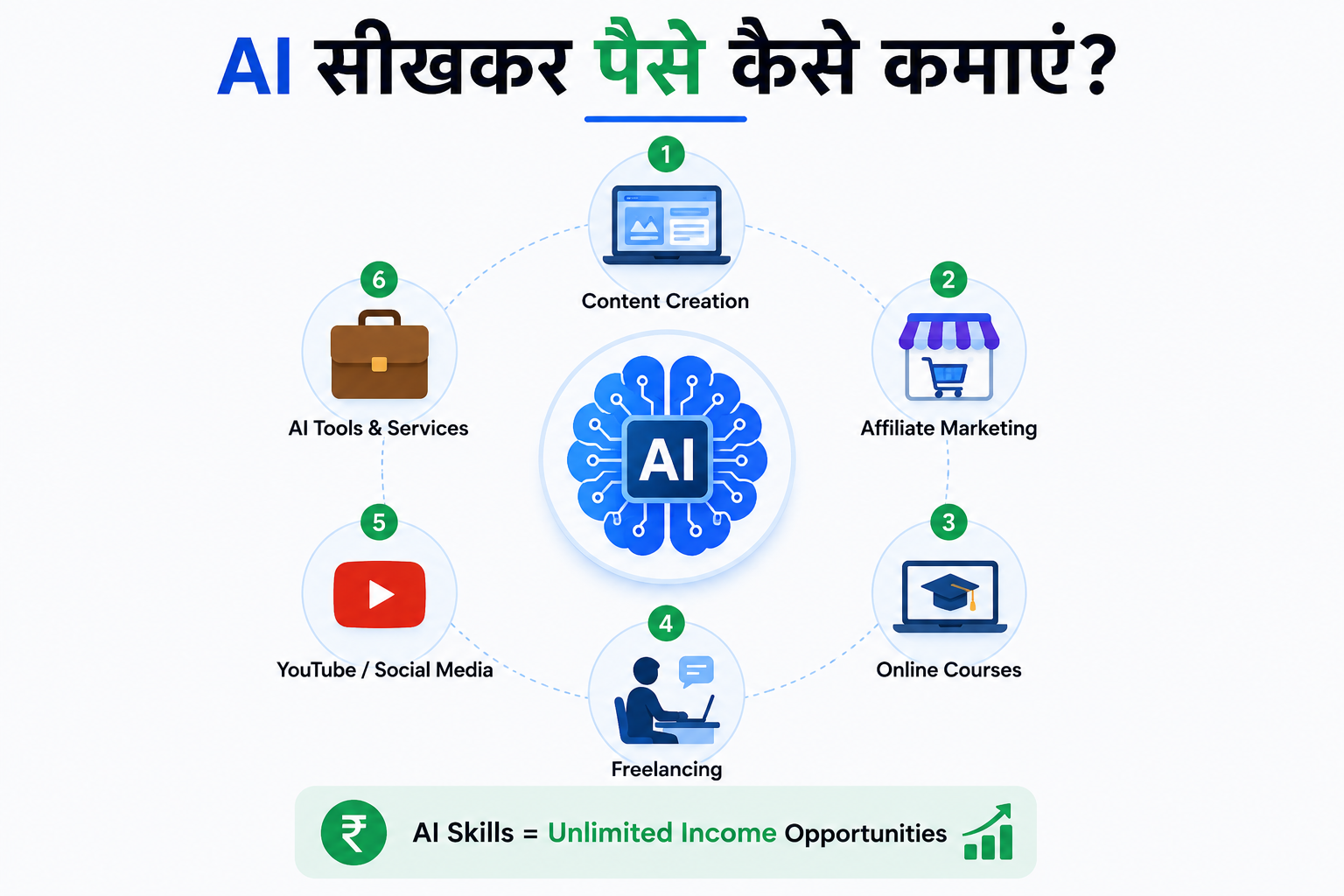 AI सीखकर पैसे कमाने के तरीके दिखाने वाली infographic जिसमें content creation, freelancing, affiliate marketing, online courses, YouTube और AI tools services से earning opportunities दिखाई गई हैं।