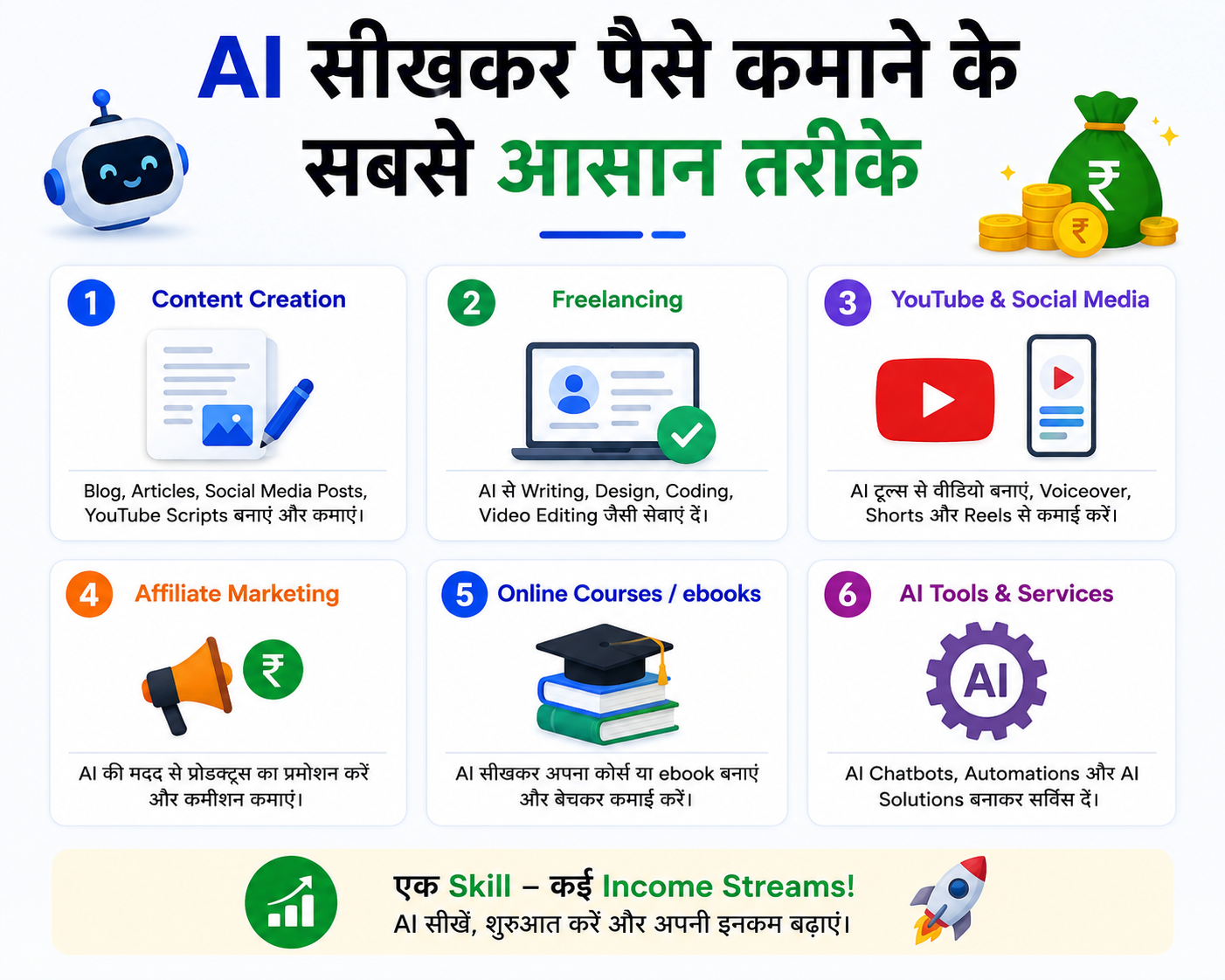 AI सीखकर पैसे कमाने के आसान तरीके दिखाने वाली infographic जिसमें content creation, freelancing, YouTube, affiliate marketing, online courses और AI services से online earning ideas बताए गए हैं।